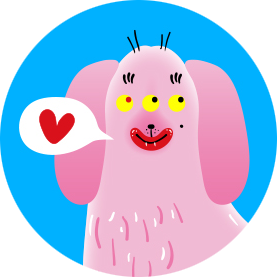 Illustration of a dog with a speak bubble containing a red heart